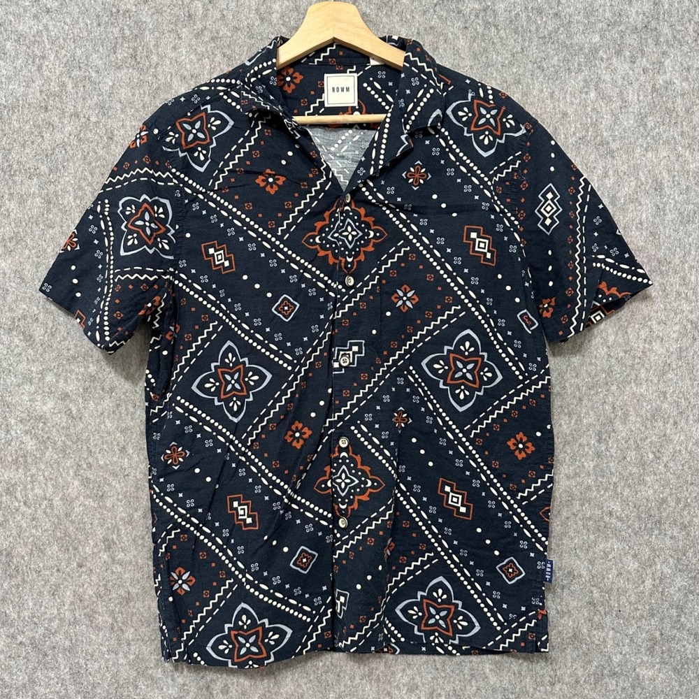 ROWM Mens Medium Short Sleeve Button Up Shirt Blue Bandana Print Cotton Blend